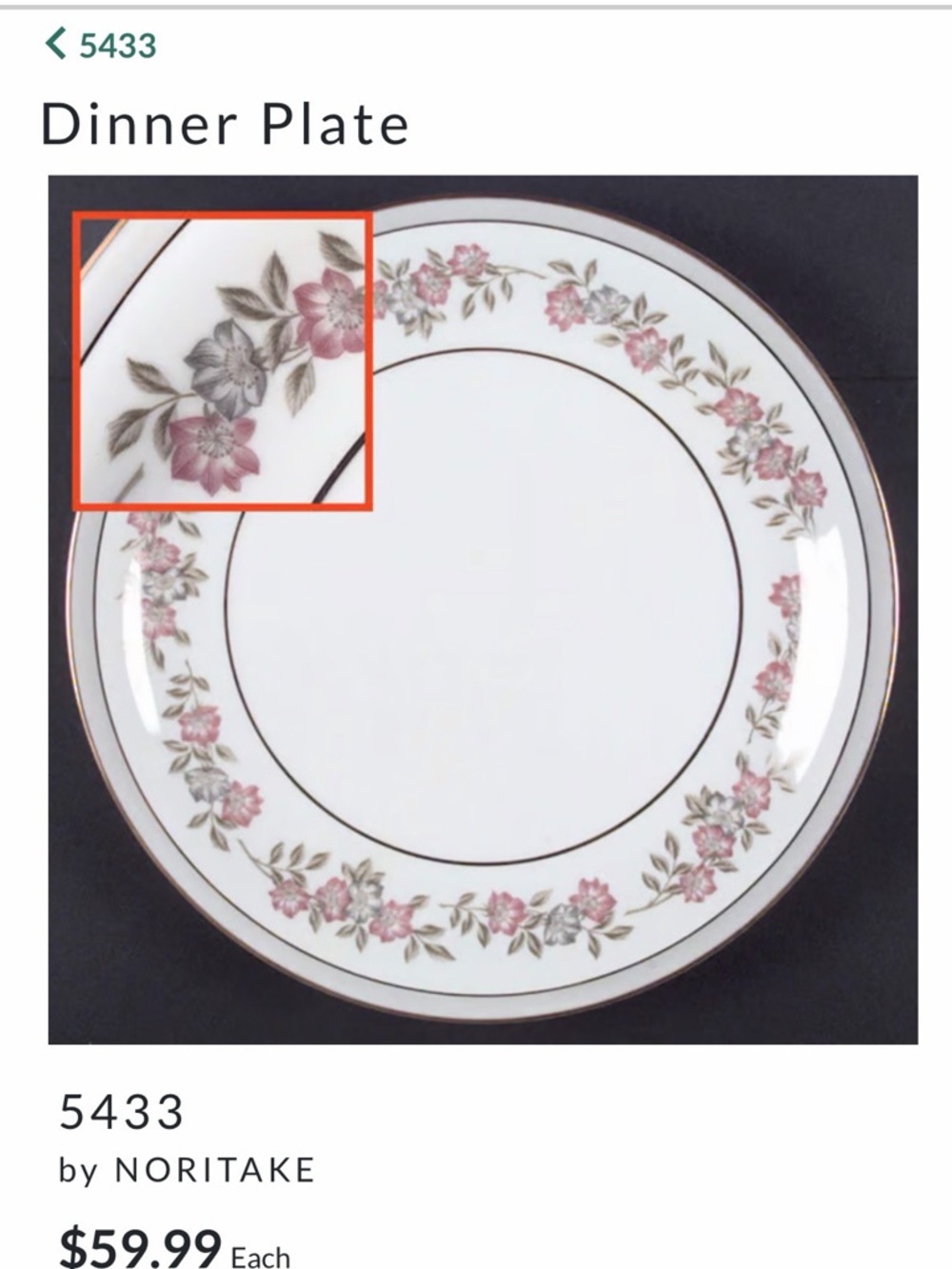 Noritake 5433 White Dinner Plate with Pink Floral and Gold Trim